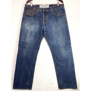 Akoo Men's Jeans 36x32.5 Embroidered Pockets Distressed Paint Stain Y2K Wide Leg